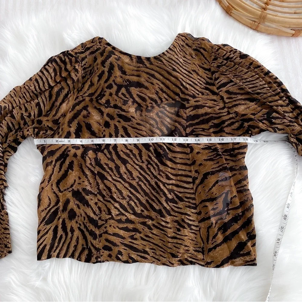 Gianni Tiger Print Bishop Sleeve Top Tie Back Animal Print Brown Orange NEW